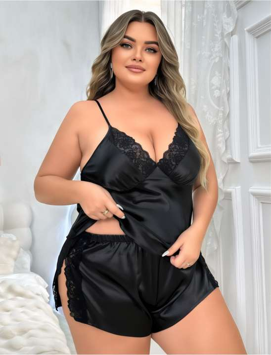 Büyük Beden Bordo Saten Şort Takımı