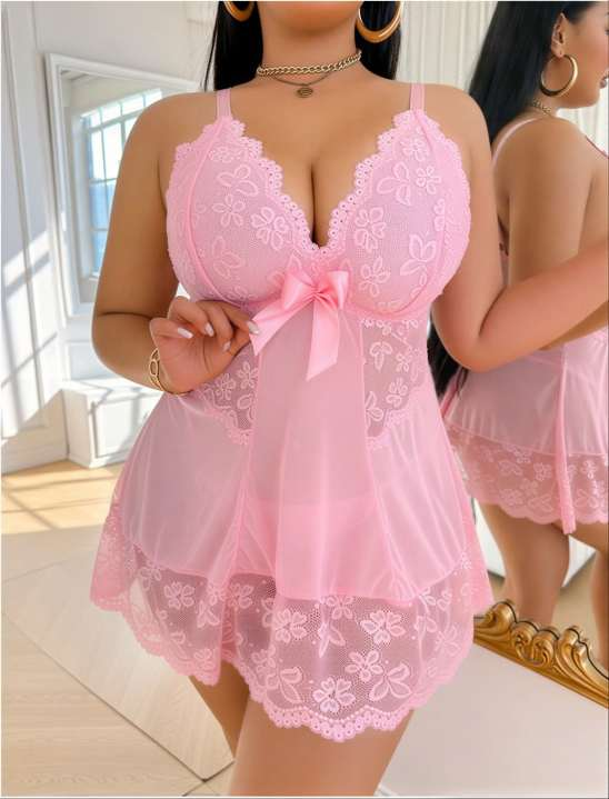 Büyük Beden Siyah Fırfırlı Dantelli Babydoll