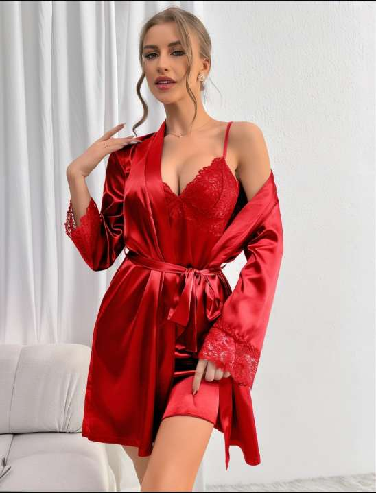 Kırmızı Saten Sabahlık Takımı
