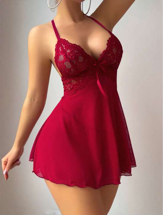 Bordo Dantel Yaka Gecelik