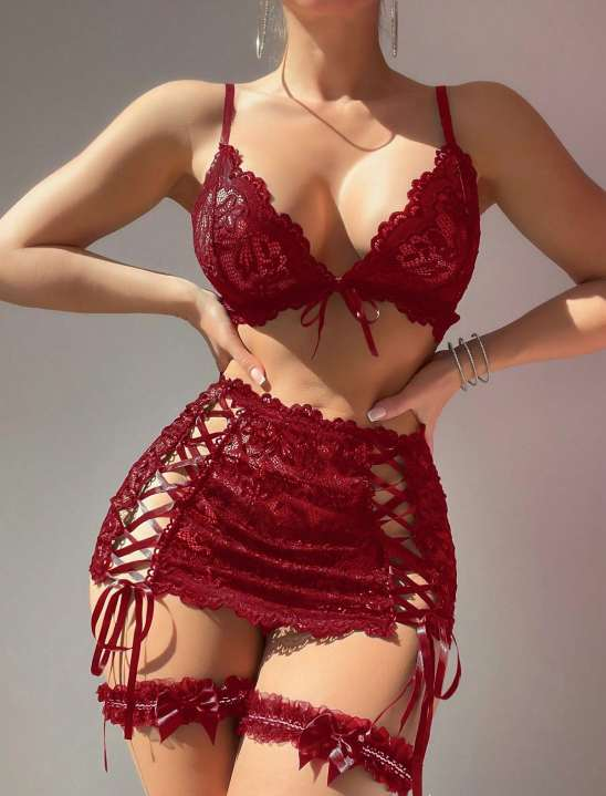 Bordo Dantelli Jartiyer Takımı