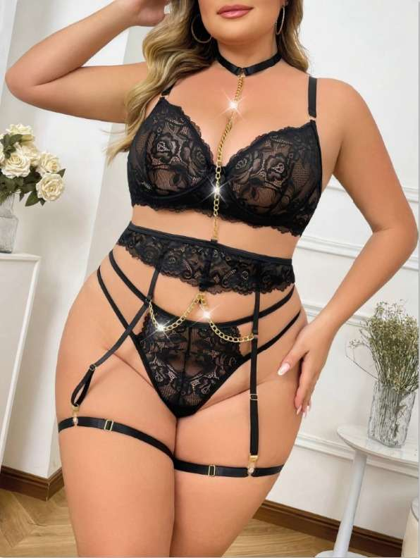 Büyük Beden Siyah Dantelli Jartiyer Bodysuit