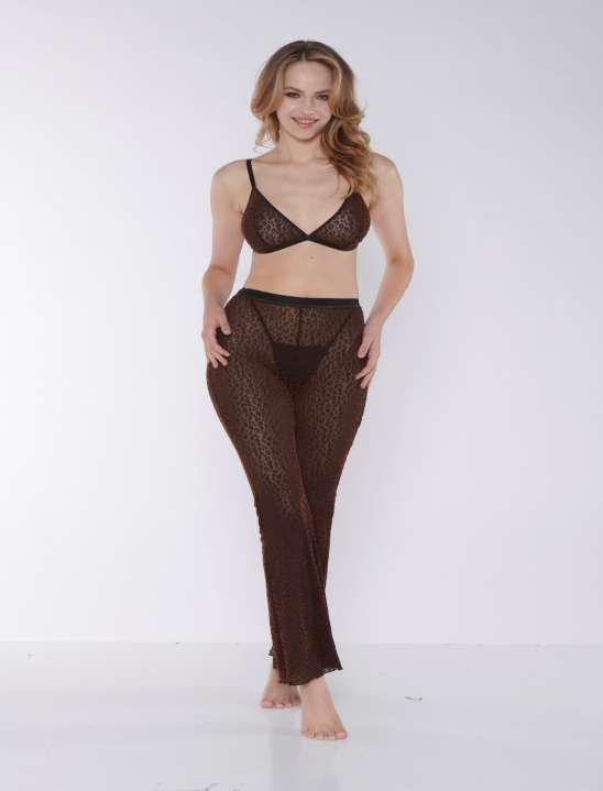 Kahve Fileli Dantel Detaylı Pijama Takımı