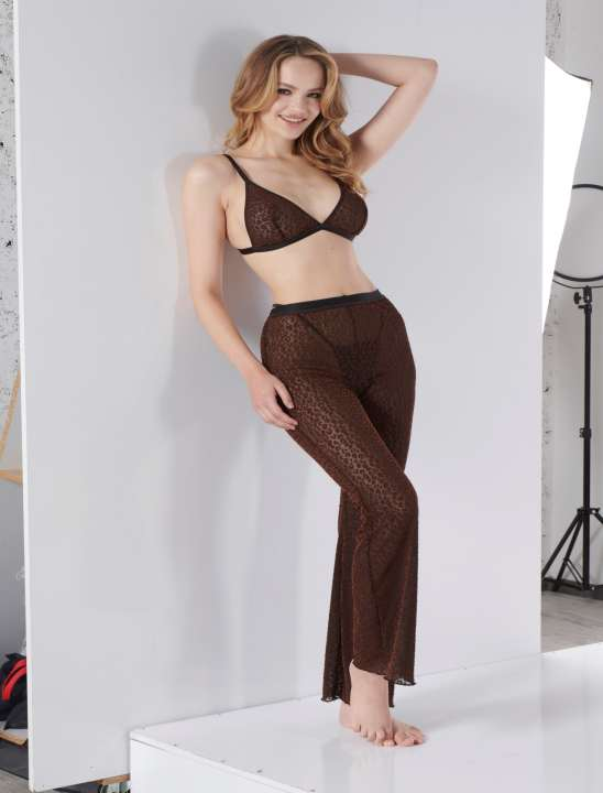 Kahve Fileli Dantel Detaylı Pijama Takımı