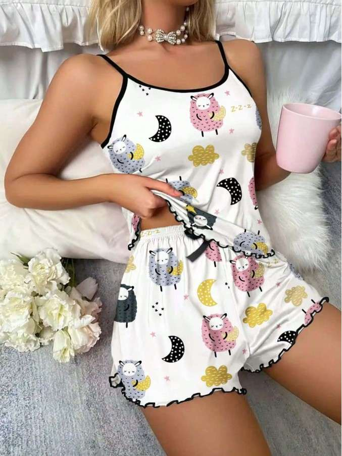 Beyaz Baykuş Desenli Pijama Takımı