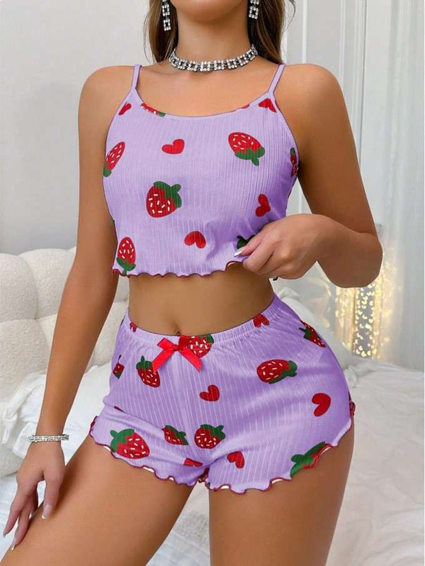 Lila Çilek Desenli Pijama Takımı