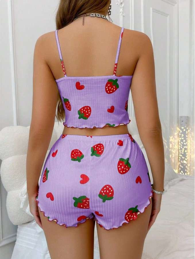 Lila Çilek Desenli Pijama Takımı
